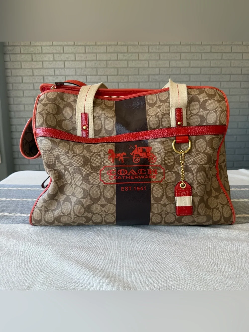 Rare Coach Heritage Stripe Pet Carrier Dog Purse Old Money Luxury Travel Orange